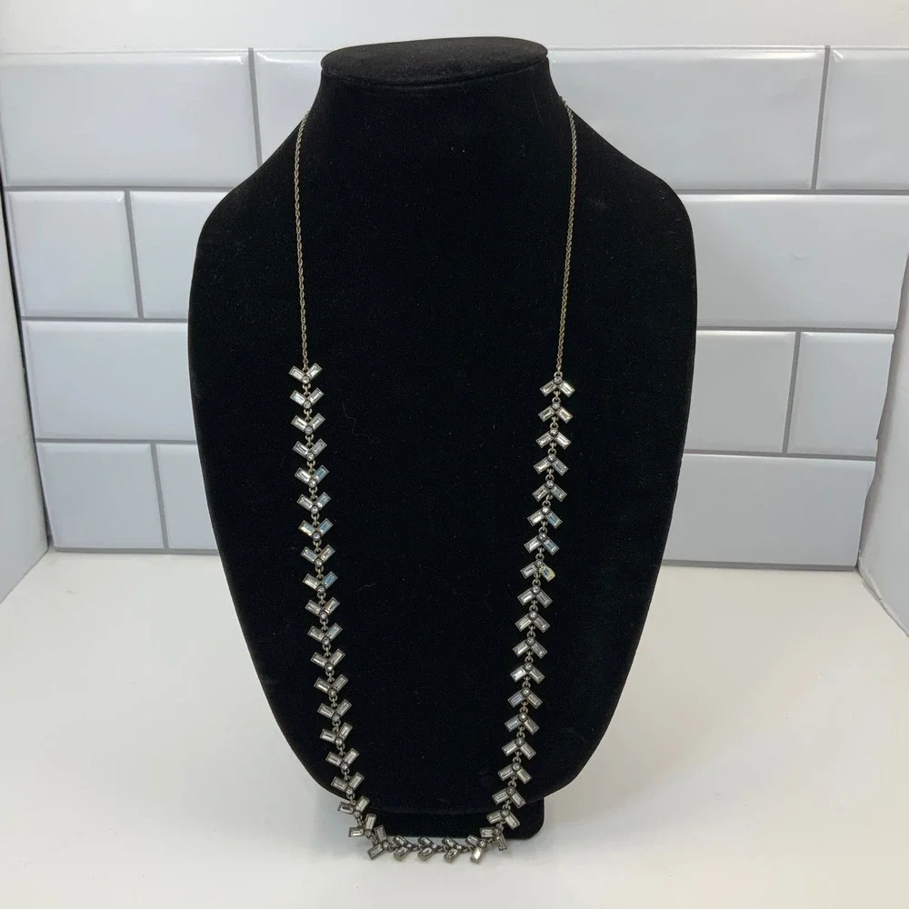 LOFT Long Antiqued Gold Tone Clear Baguette Rhinestone Chevron Statement Necklac